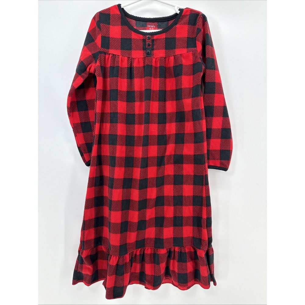 Carters Girls Size 4-5 Nightgown Fleece Warm Cozy Red Black Buffalo Check Ruffle